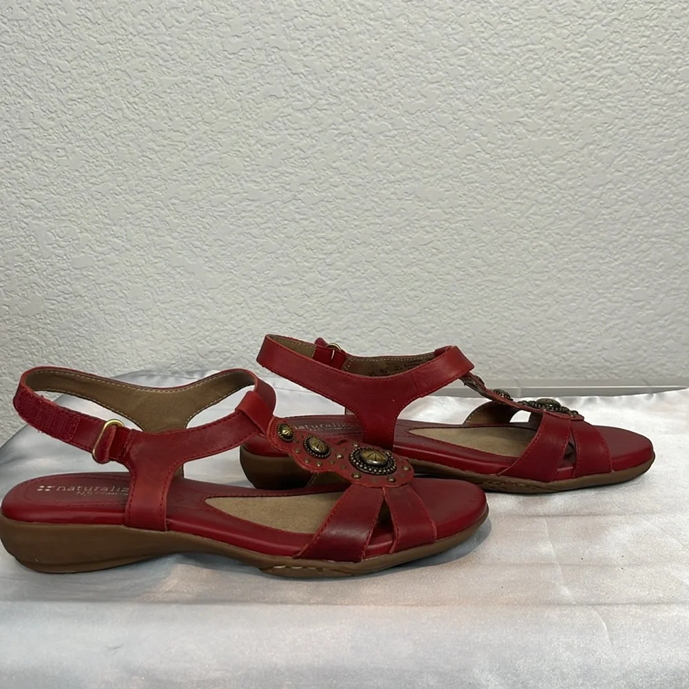 Naturalizer Red Leather T-Strap Sandals with Brass Accents - Picture 6 of 10